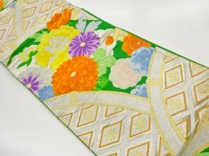 菱に花々模様織出し袋帯